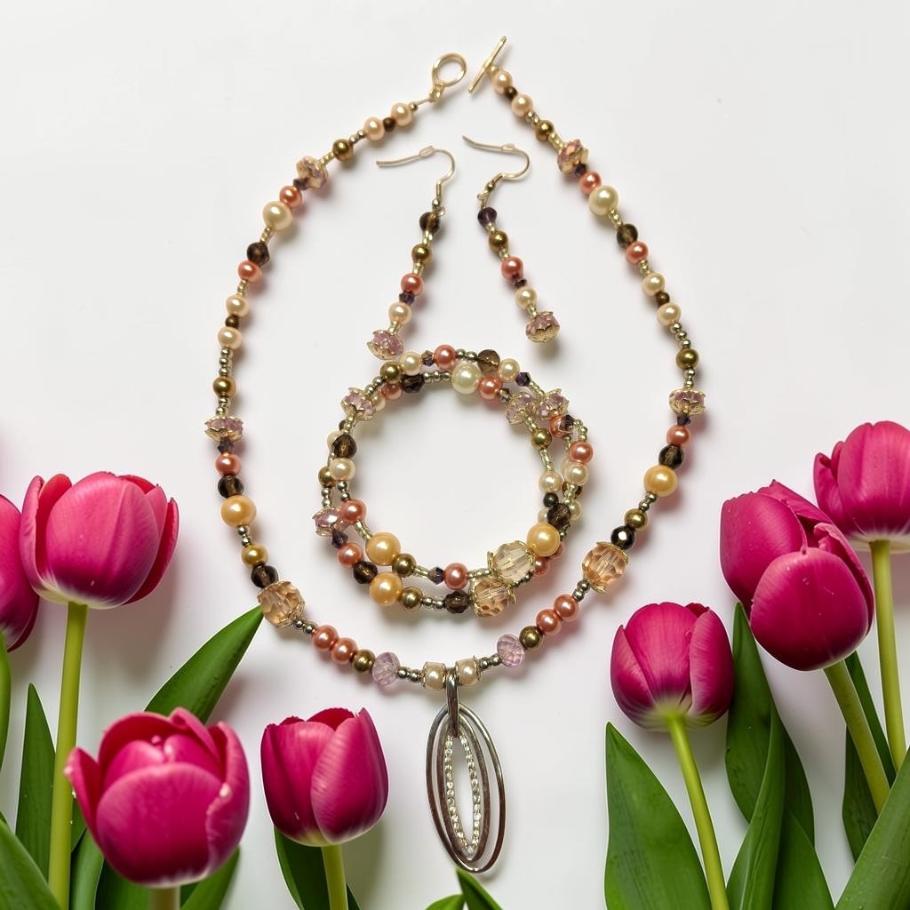 Tulip Garden Jewelry Set with blush and bronze pearls, champagne crystals and silver double-oval pendant, photographed with magenta tulips