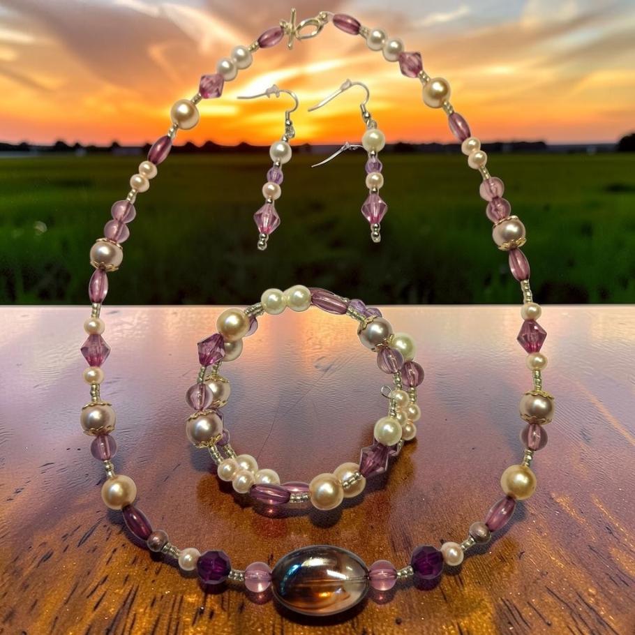 Lavender Cat's Eye Jewelry Set with purple crystals, white pearls and hematite cat's eye focal bead, photographed against a sunset sky