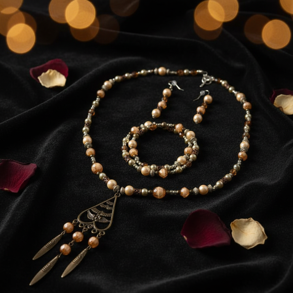 Desert Heirloom Set on dark velvet with rose petals and warm bokeh lighting