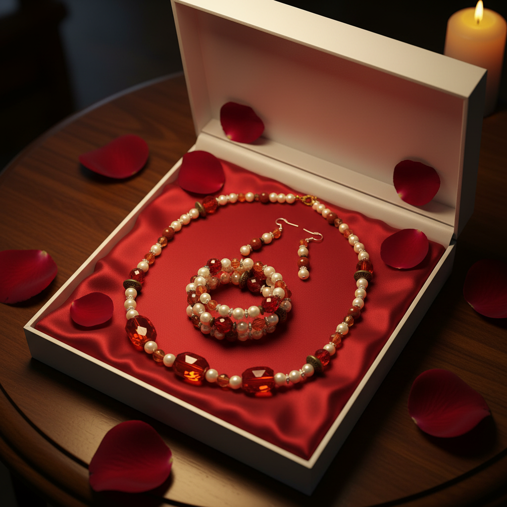 Touch of Romance Jewelry Set in deep red satin gift box with rose petals