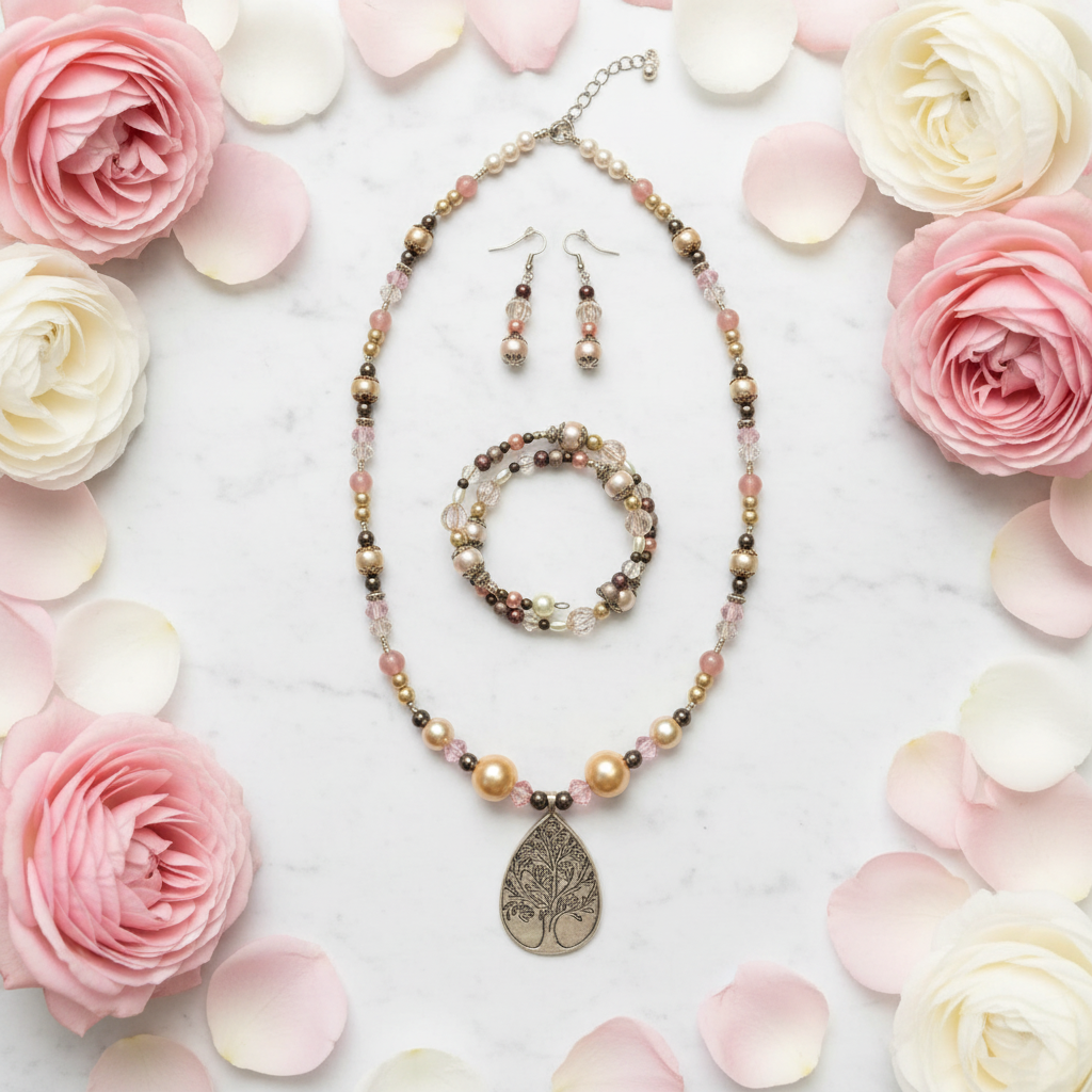 Rose Garden Tree of Life Set on white marble with fresh pink and cream roses