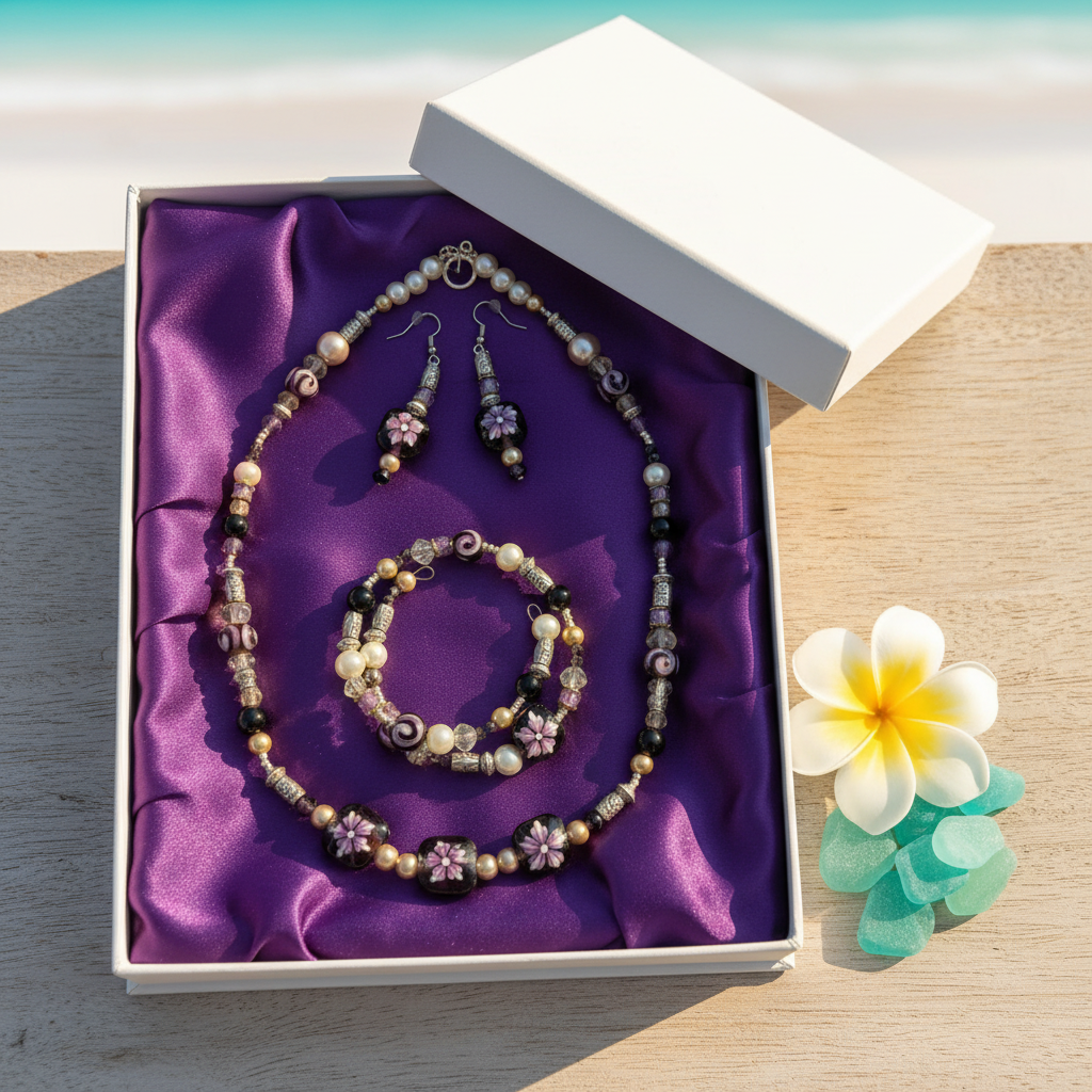 Purple Aloha Jewelry Set in purple satin gift box with plumeria flower and sea glass