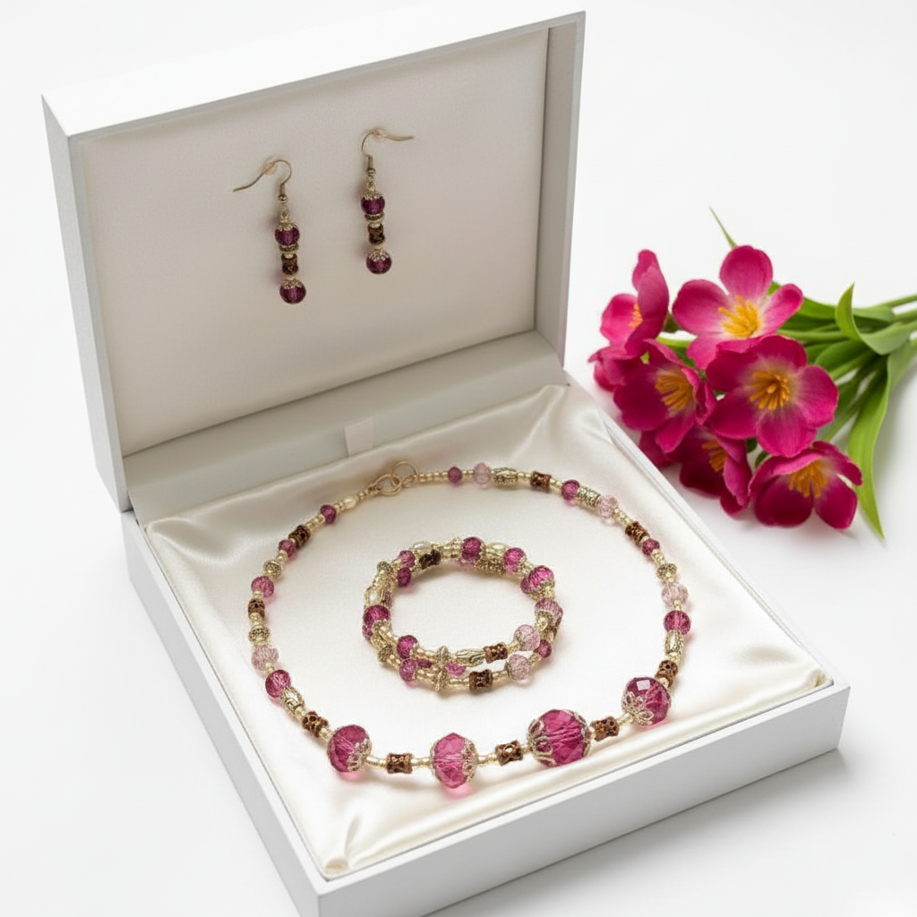 Fuchsia Garden Jewelry Set in white ivory satin gift box with fuchsia flowers