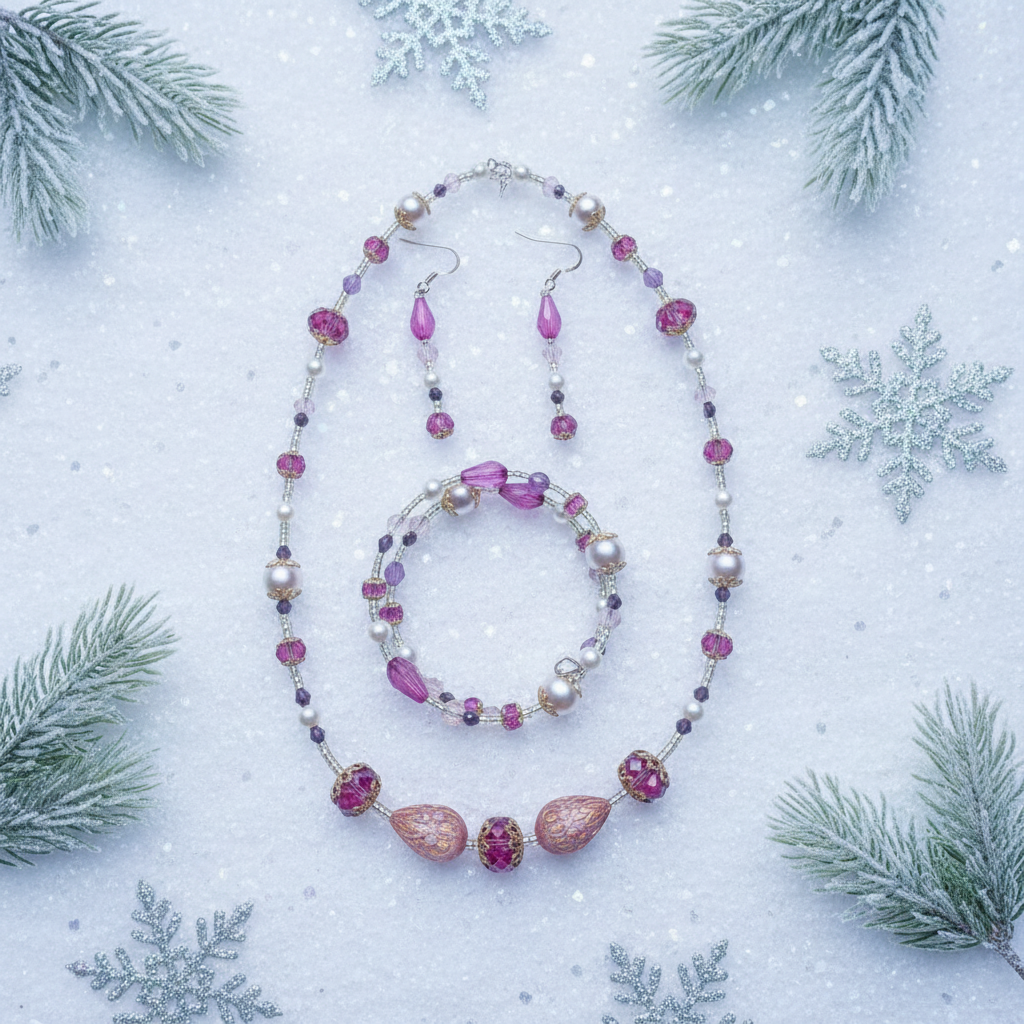 Winter Bloom Jewelry Set on frosted white surface with silver snowflakes and evergreen