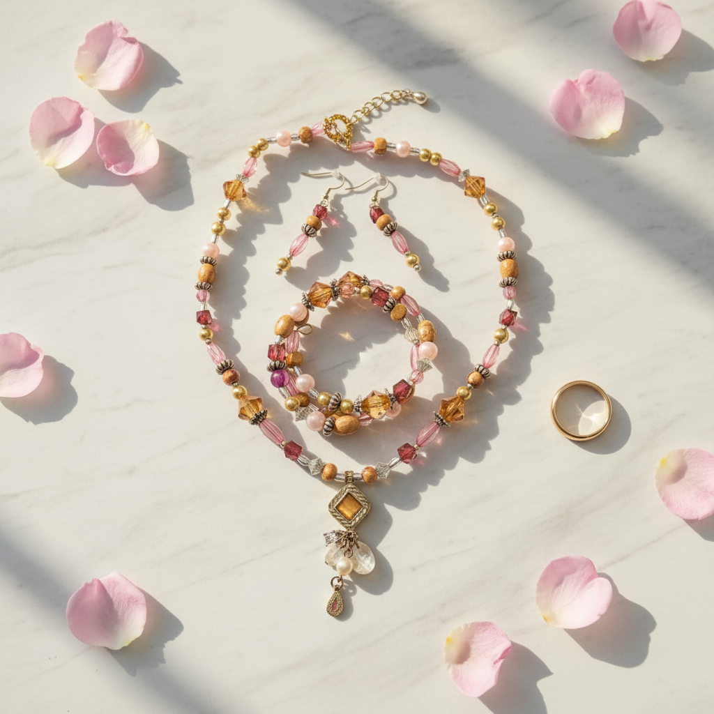 Spring Blossom Jewelry Set on white marble with pink rose petals and soft window light