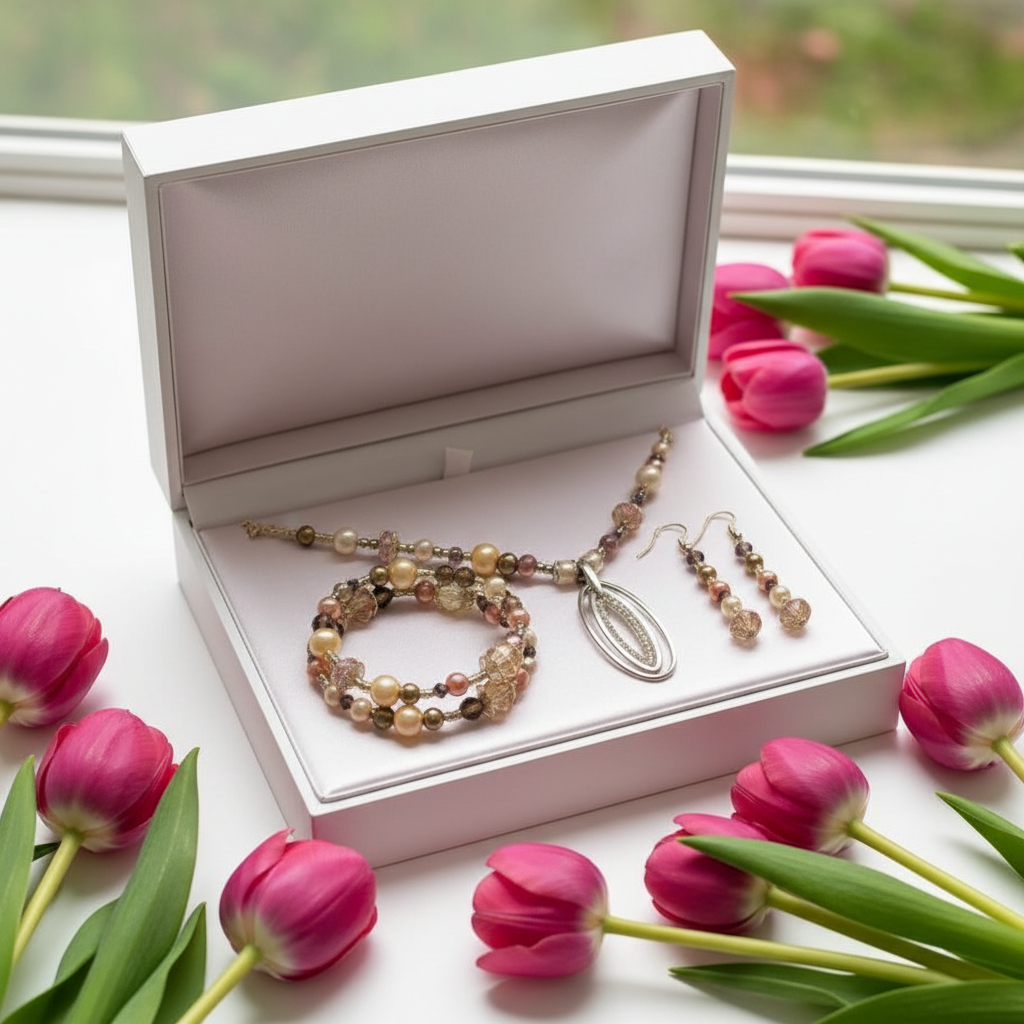 Tulip Garden Jewelry Set in dusty rose satin gift box with fresh pink tulips