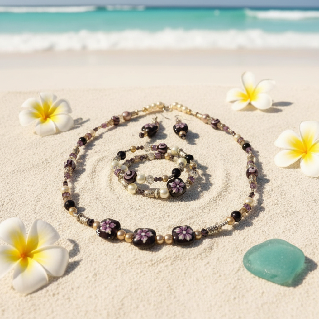 Dreaming of Aloha Jewelry Set on white sand with tropical plumeria flowers and sea glass