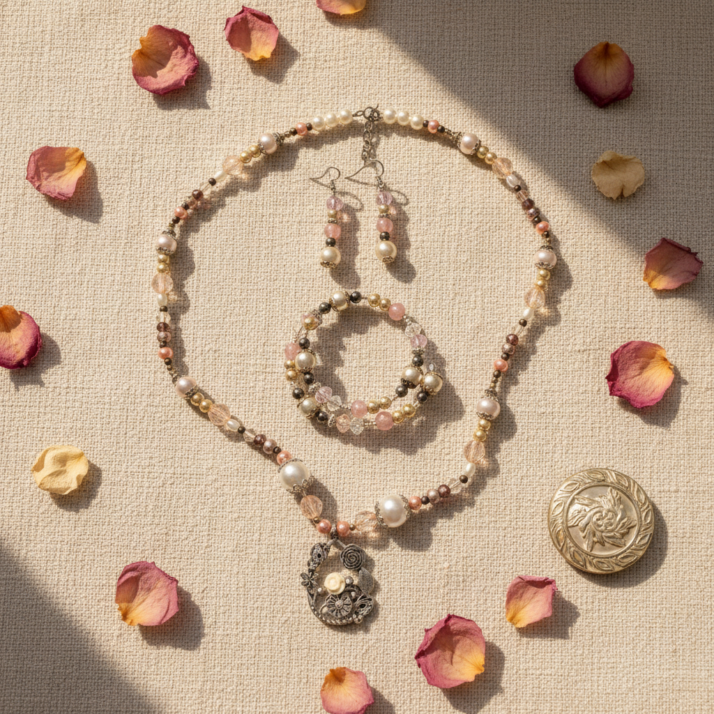 Antique Rose Garden Jewelry Set on aged linen with dried rose petals and soft window light