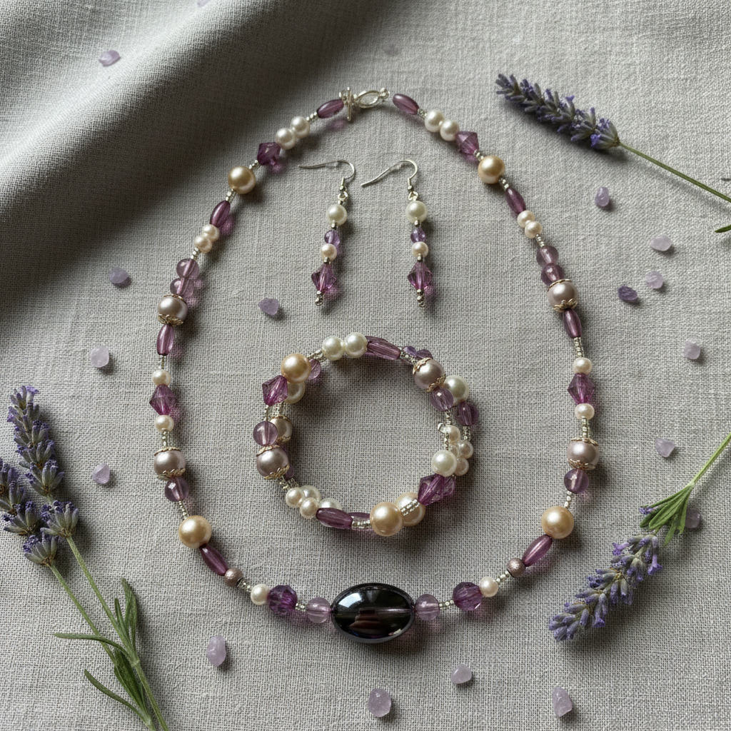 Lavender Cat's Eye Jewelry Set on grey linen with fresh lavender and amethyst crystals