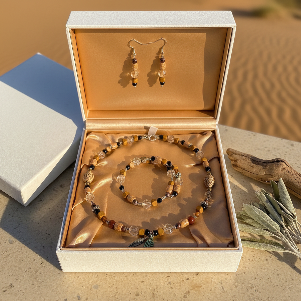 Desert Nomad Jewelry Set in tan satin gift box with driftwood and dried sage