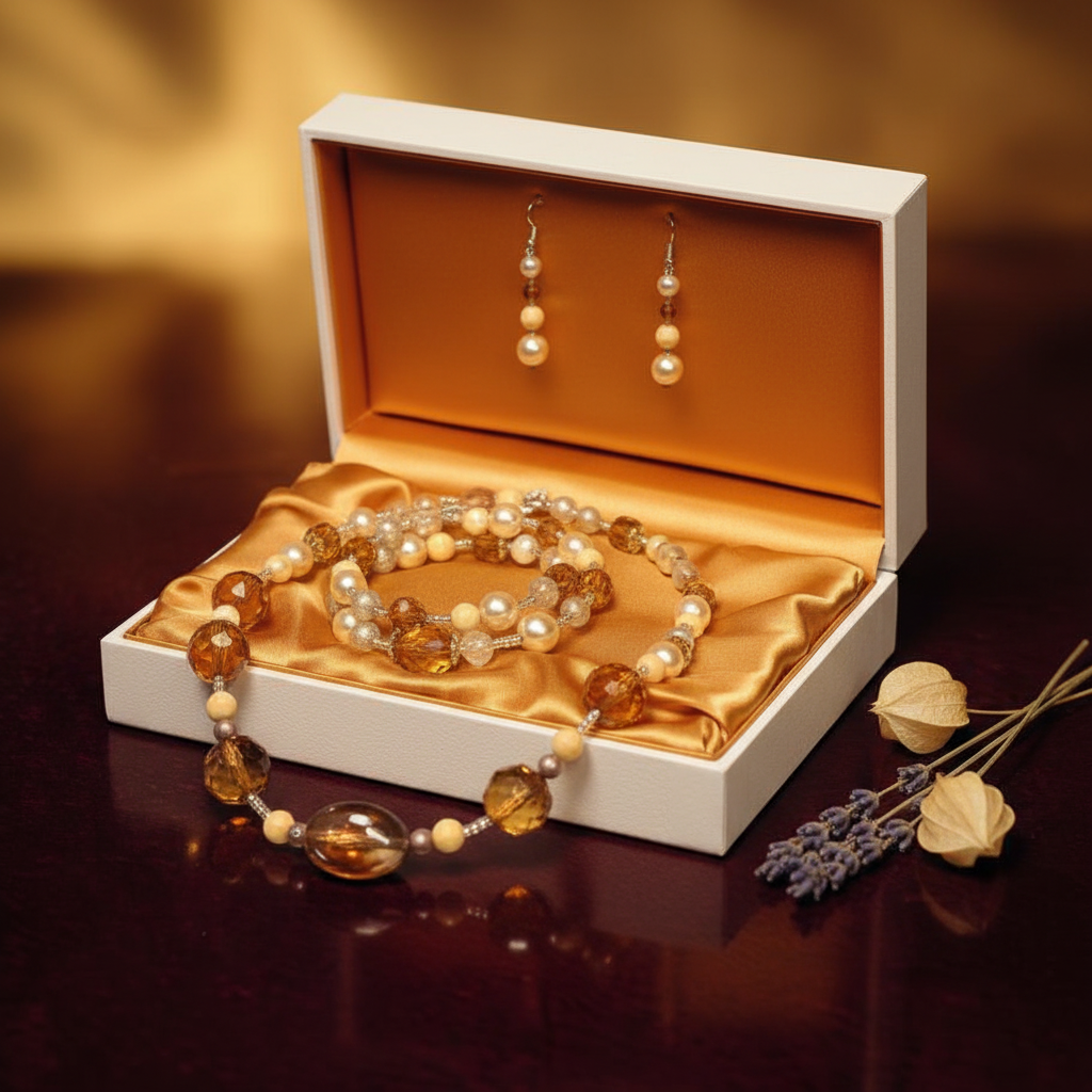 Amber Cat's Eye Jewelry Set in warm amber satin gift box with dried botanicals