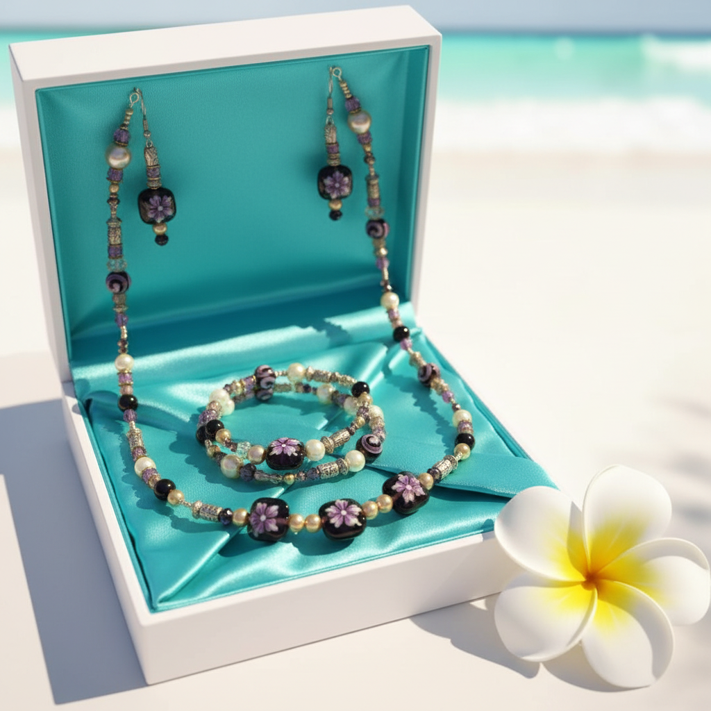 Dreaming of Aloha Jewelry Set in white gift box with turquoise satin and plumeria flower