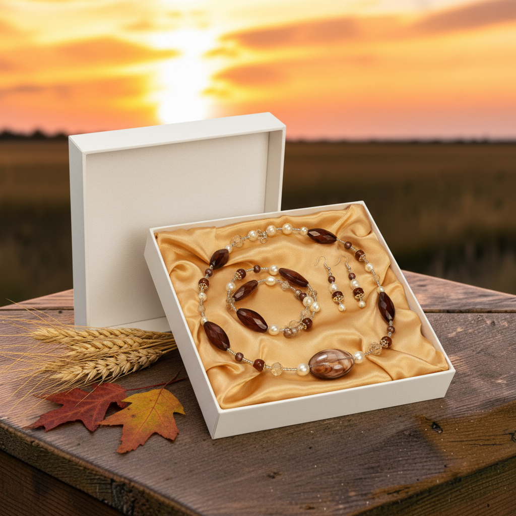 Prairie Sunset Amber Set in golden satin gift box with dried wheat and autumn leaves