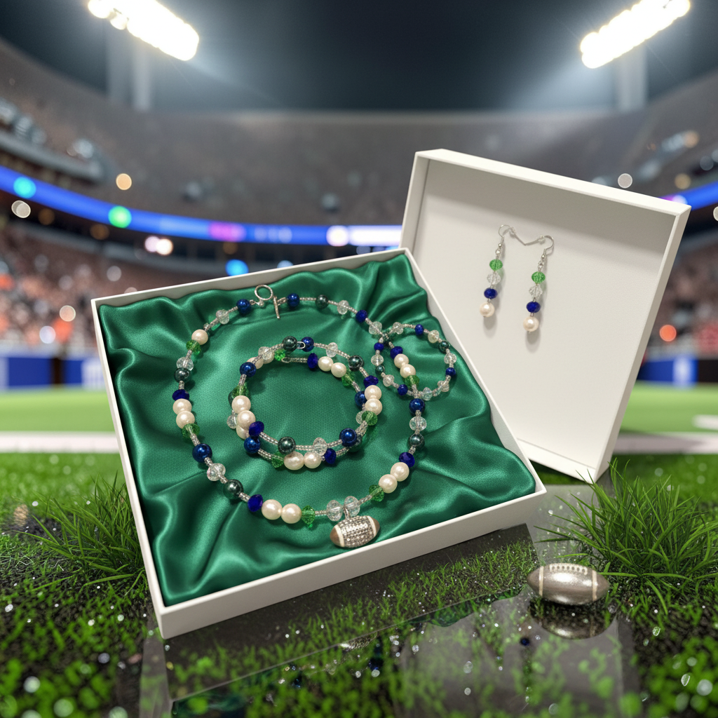 Game Day Glam Jewelry Set in forest green satin gift box with silver football charm