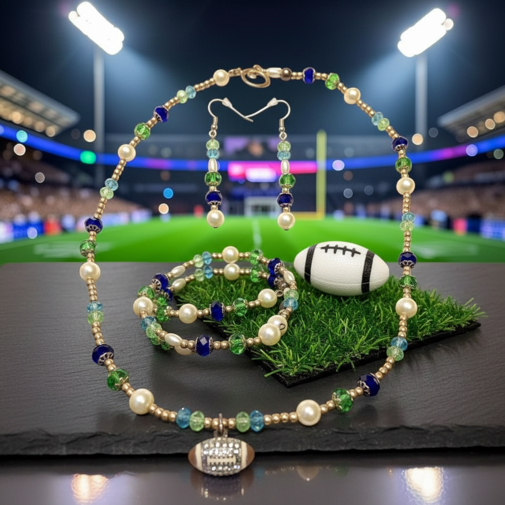Stadium Lights Jewelry Set on dark slate with astroturf and stadium floodlights