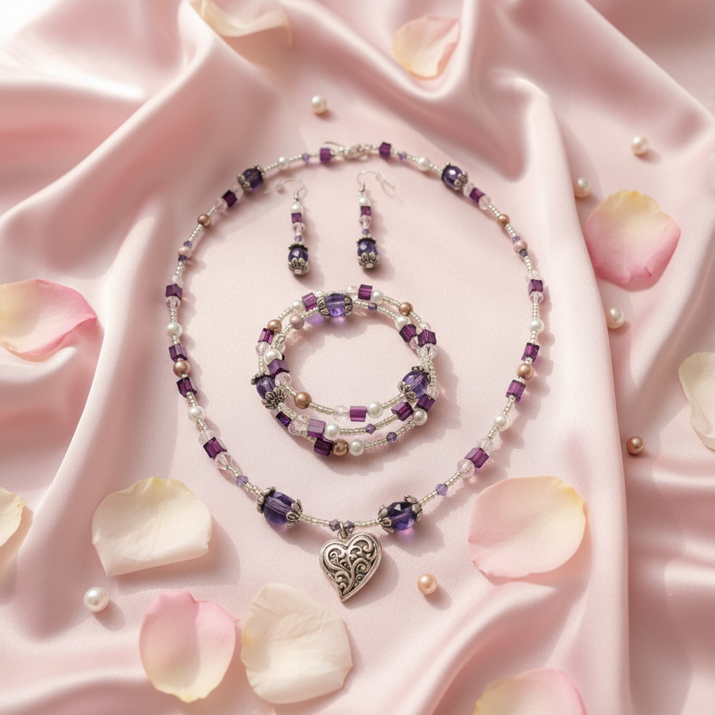 Amethyst Heart Jewelry Set on blush silk with rose petals