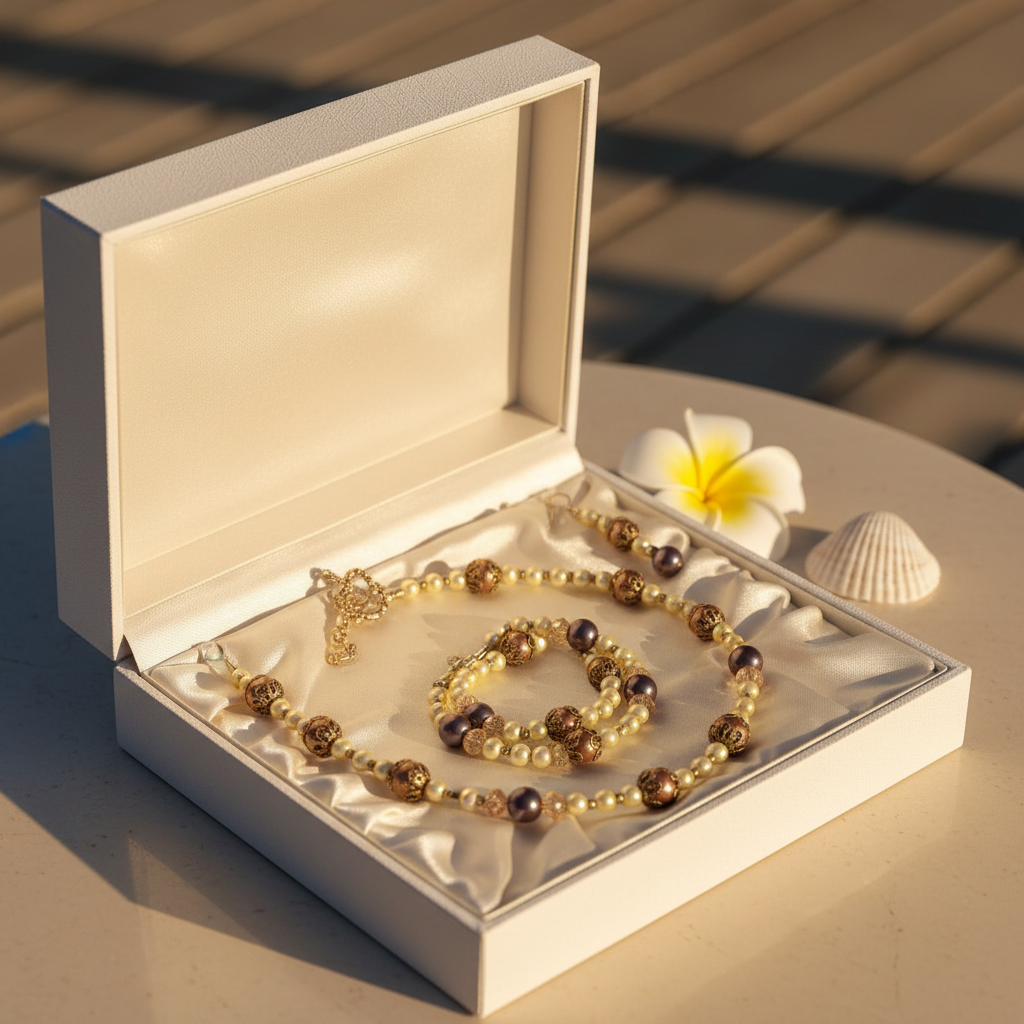 Tropical Elegance Jewelry Set in champagne gold satin gift box with plumeria flower and seashell
