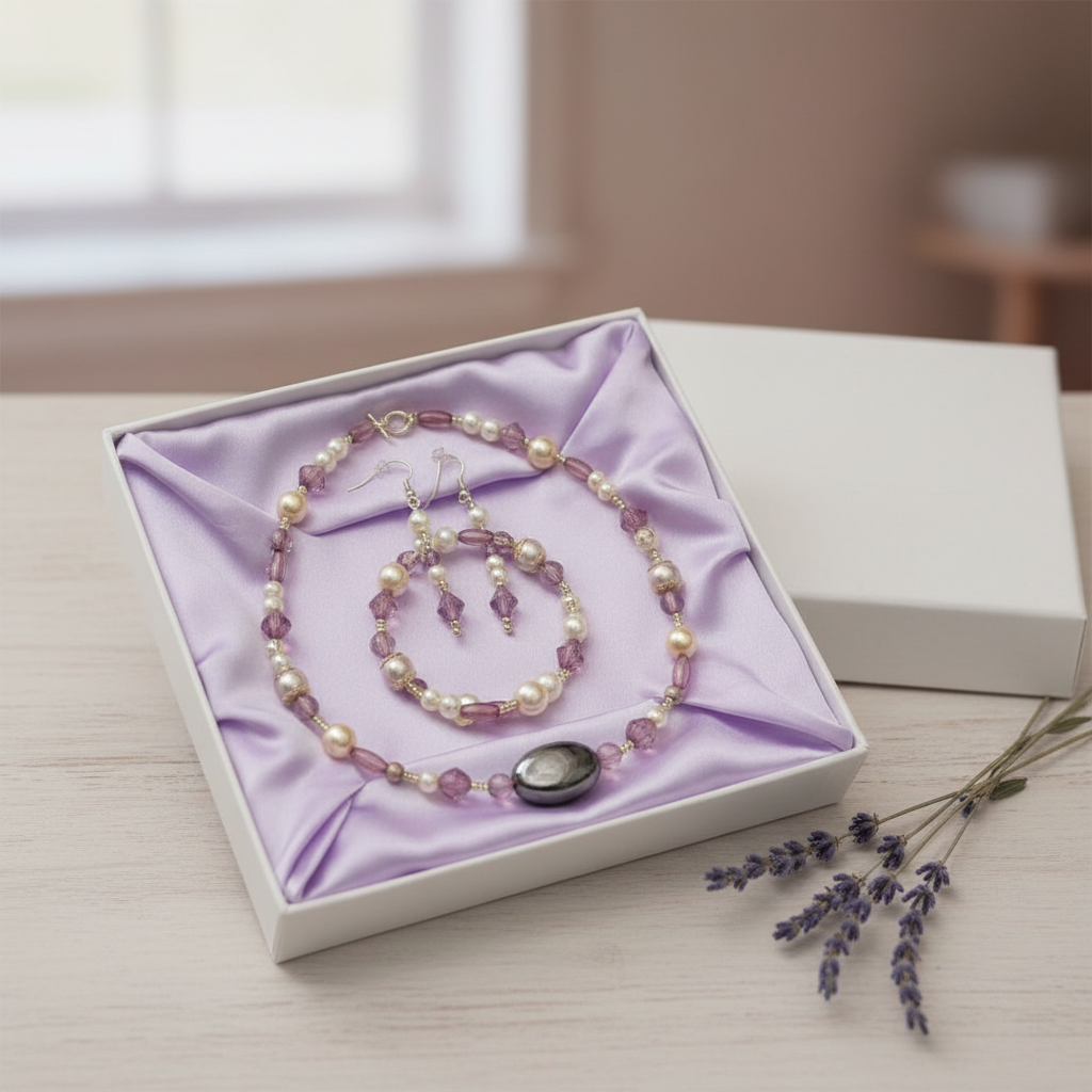 Lavender Cat's Eye Jewelry Set in lavender satin gift box with fresh lavender sprigs