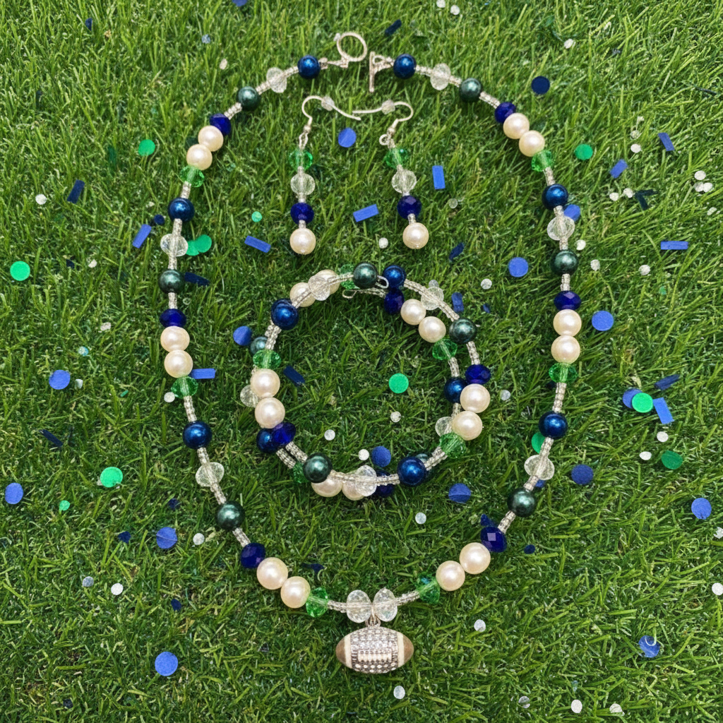 Game Day Glam Jewelry Set on stadium grass with navy and green confetti