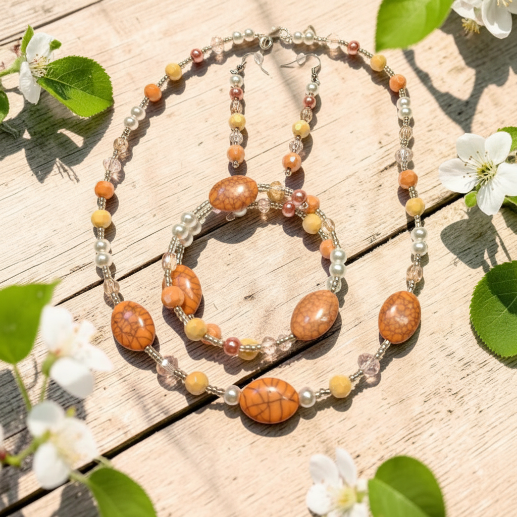 Crackling Rose Jewelry Set on light wood with fresh white apple blossoms and morning sunlight