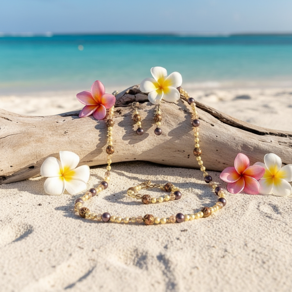 Tropical Elegance Jewelry Set on white sand with driftwood and plumeria flowers