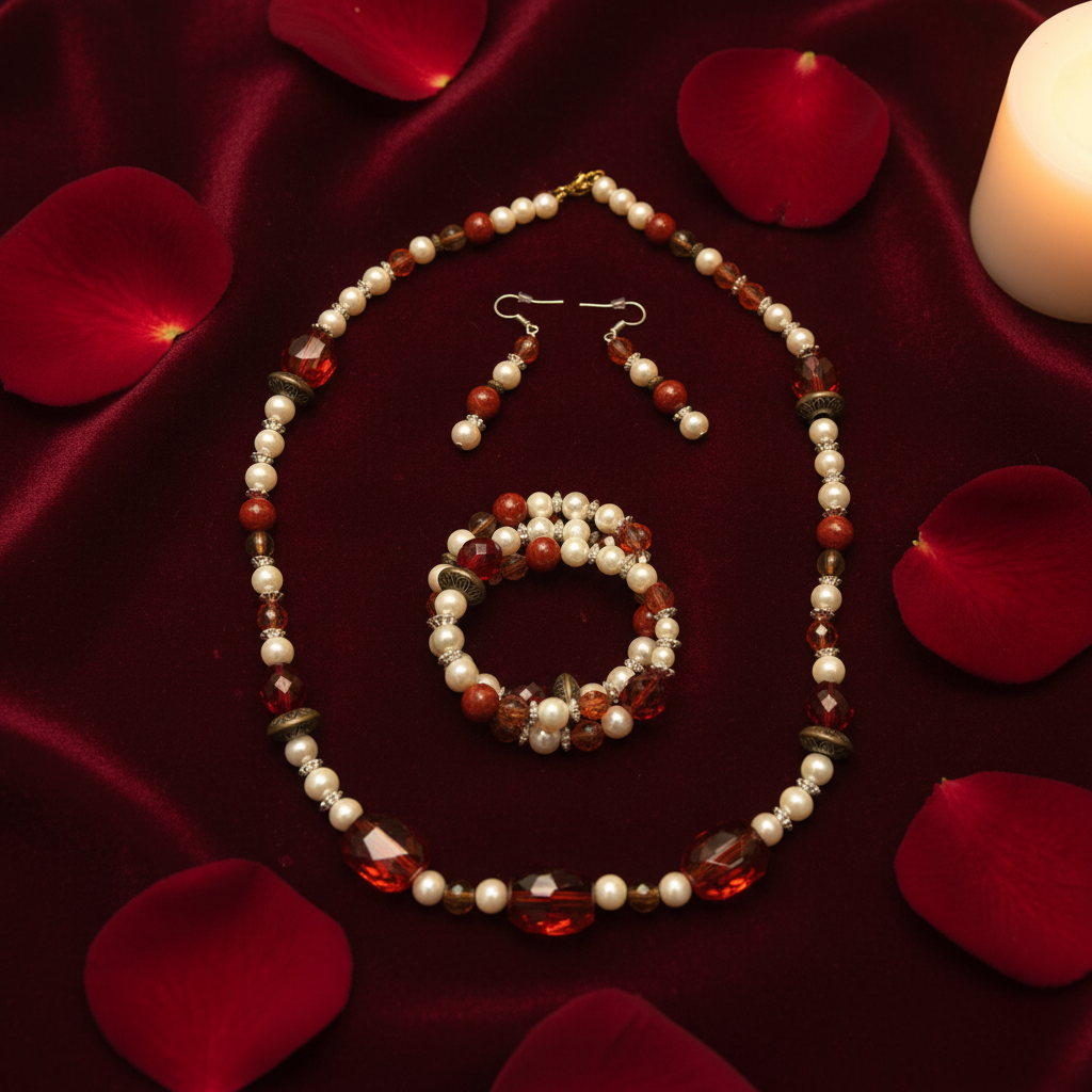 Touch of Romance Jewelry Set on burgundy velvet with red rose petals and candlelight