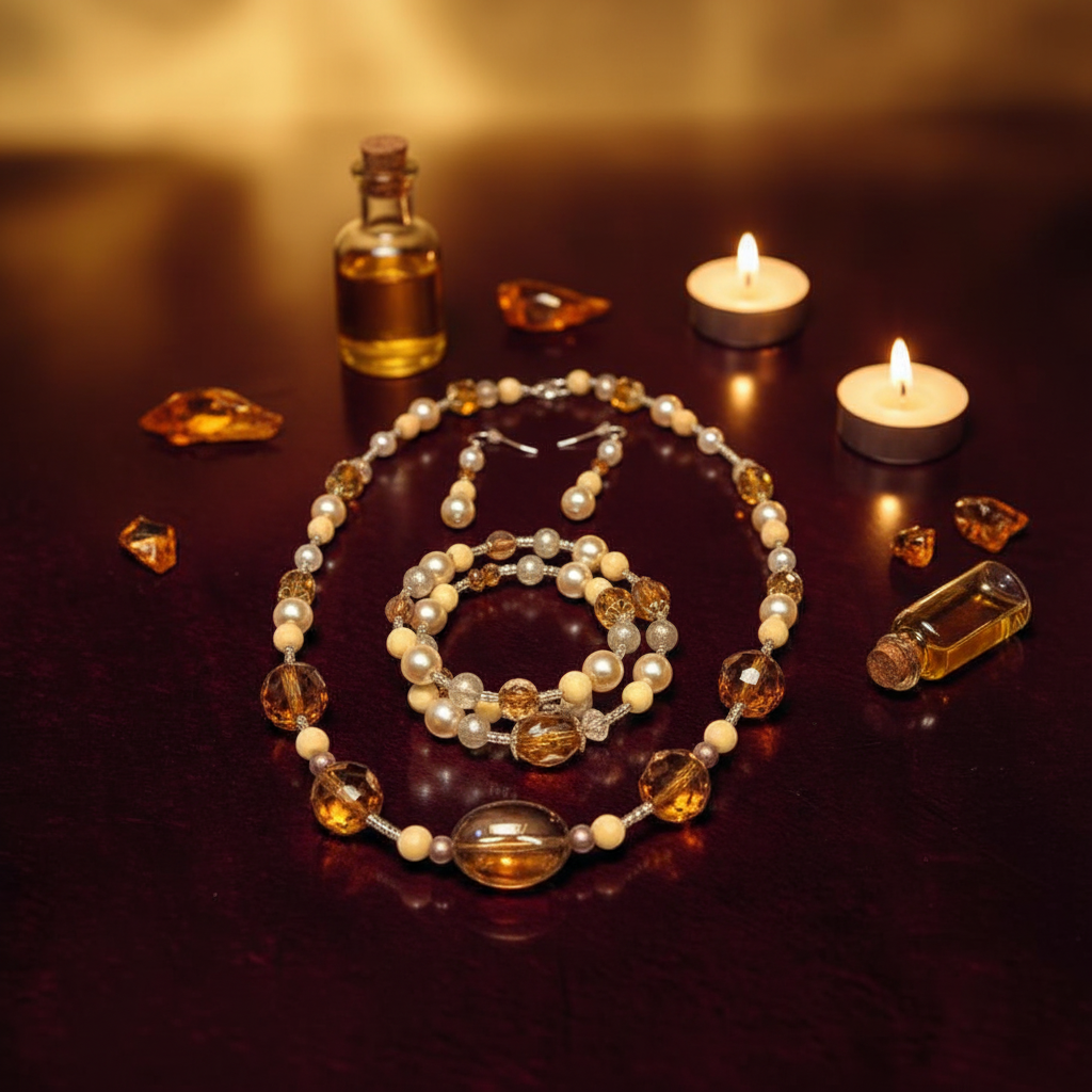 Amber Cat's Eye Jewelry Set on dark walnut wood with amber crystals and candlelight
