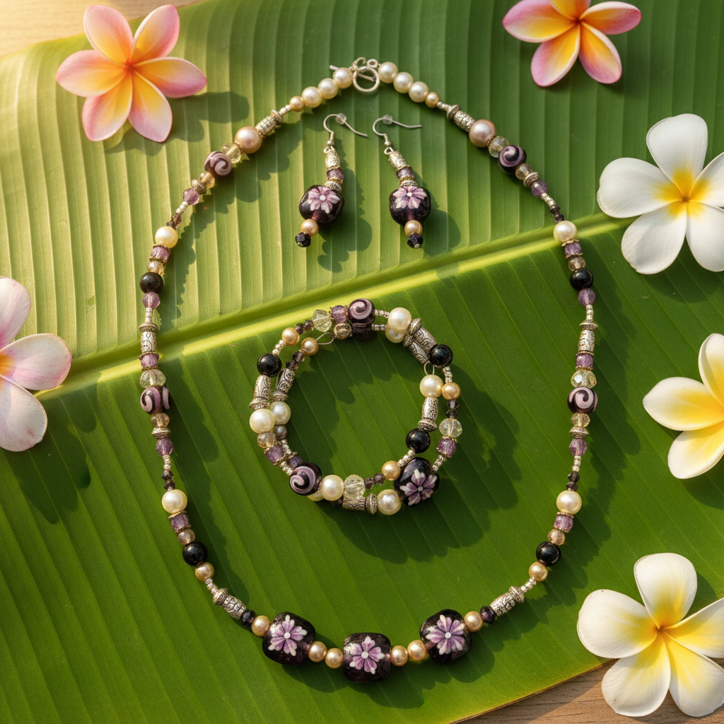 Purple Aloha Jewelry Set on tropical banana leaf with plumeria flowers and golden sunlight