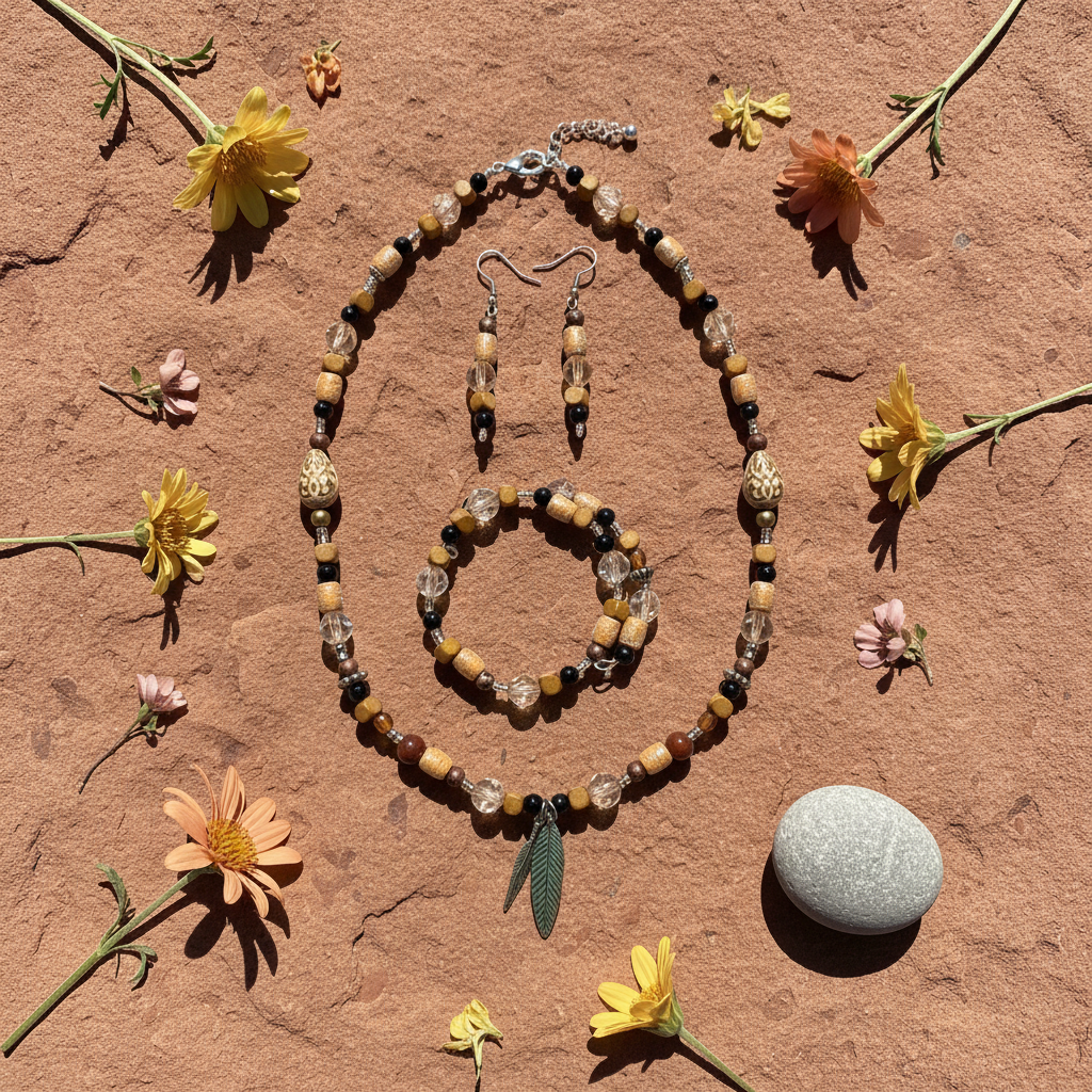 Desert Nomad Jewelry Set on red sandstone with desert wildflowers and bright sunlight