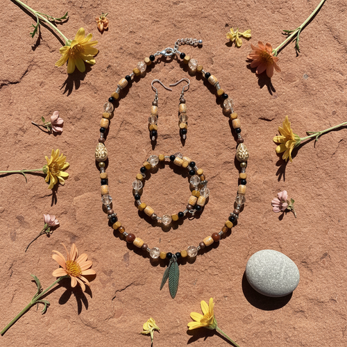 Desert Nomad Jewelry Set on red sandstone with desert wildflowers and bright sunlight