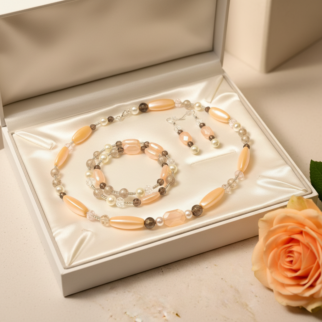 Blushing Dream Jewelry Set in ivory satin gift box with fresh peach rose