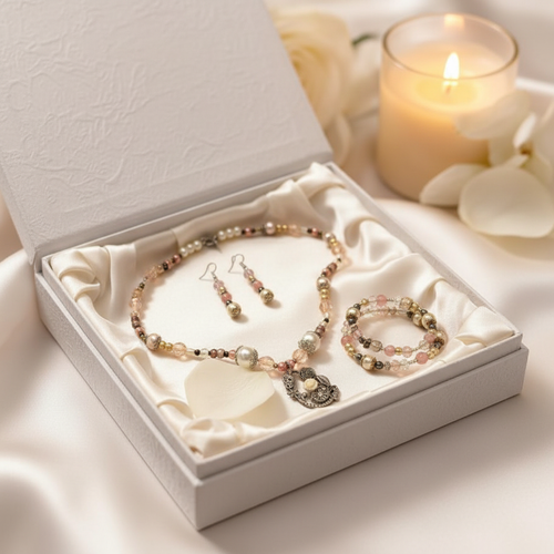 Antique Rose Garden Jewelry Set in ivory satin gift box with cream rose petal