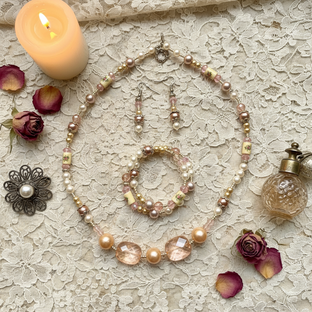 Vintage Romance Jewelry Set on aged cream lace with dried rose petals and antique perfume bottle