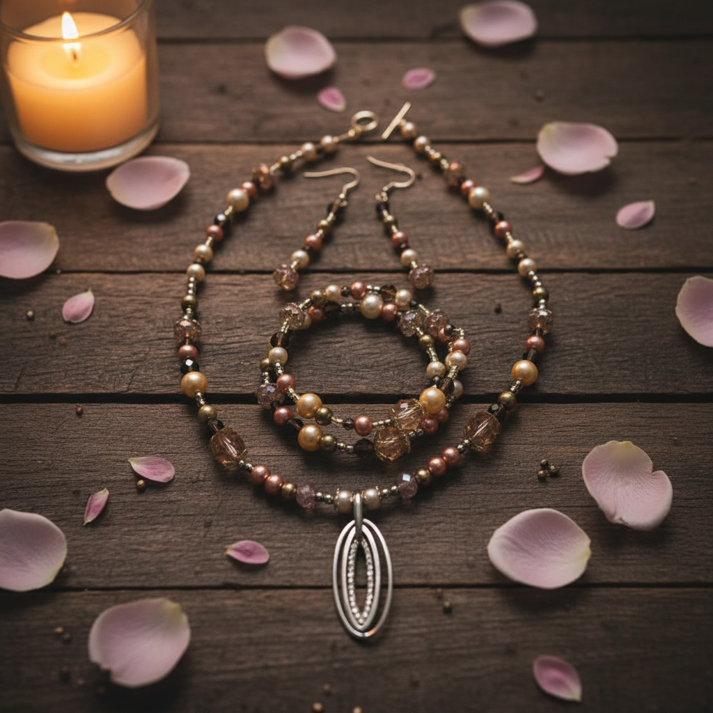 Tulip Garden Jewelry Set on rustic wood with pink rose petals and candlelight
