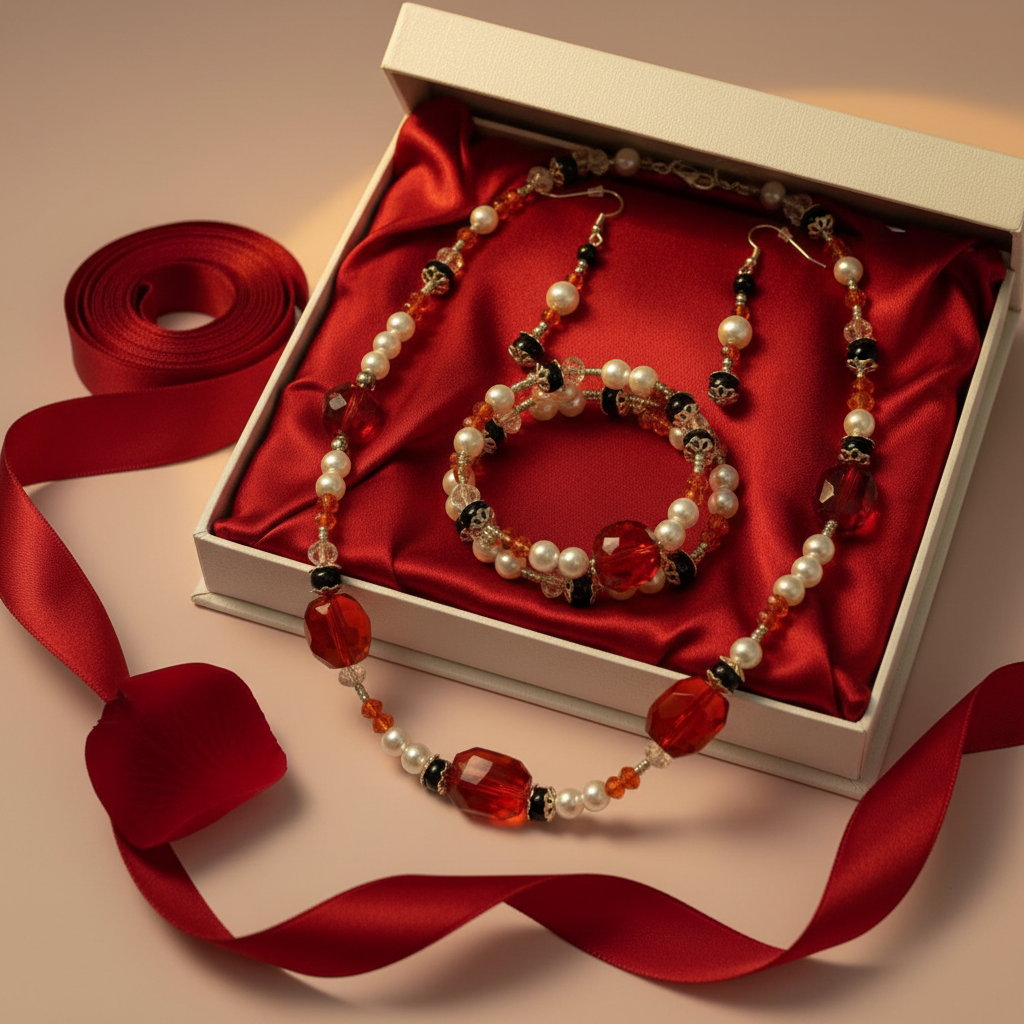 Red Rose Romance Jewelry Set in white gift box with red satin lining