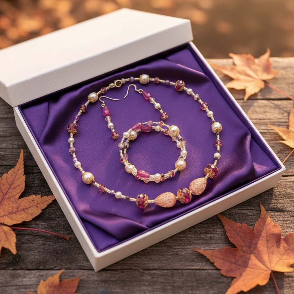 Winter Bloom Jewelry Set in purple satin gift box with autumn maple leaves