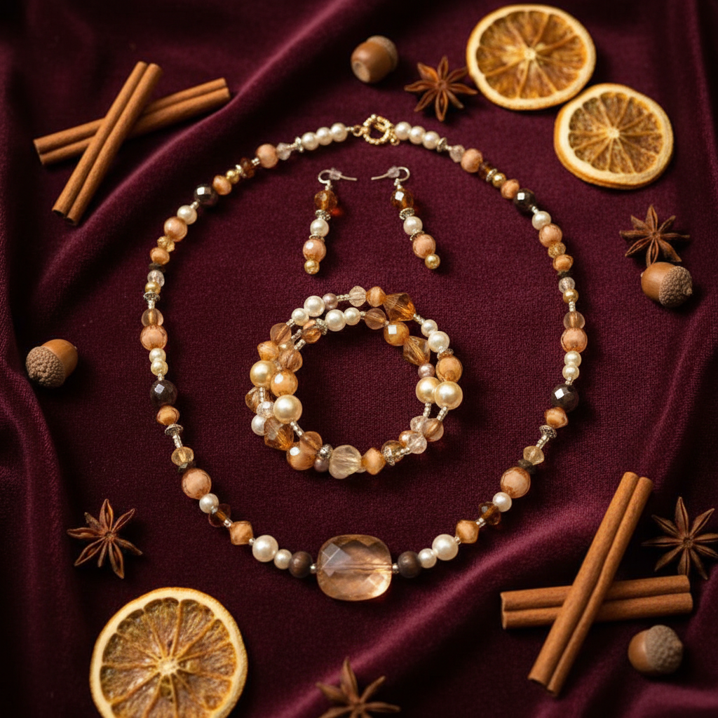 Autumn Amber Jewelry Set on burgundy velvet with cinnamon sticks, star anise and dried oranges