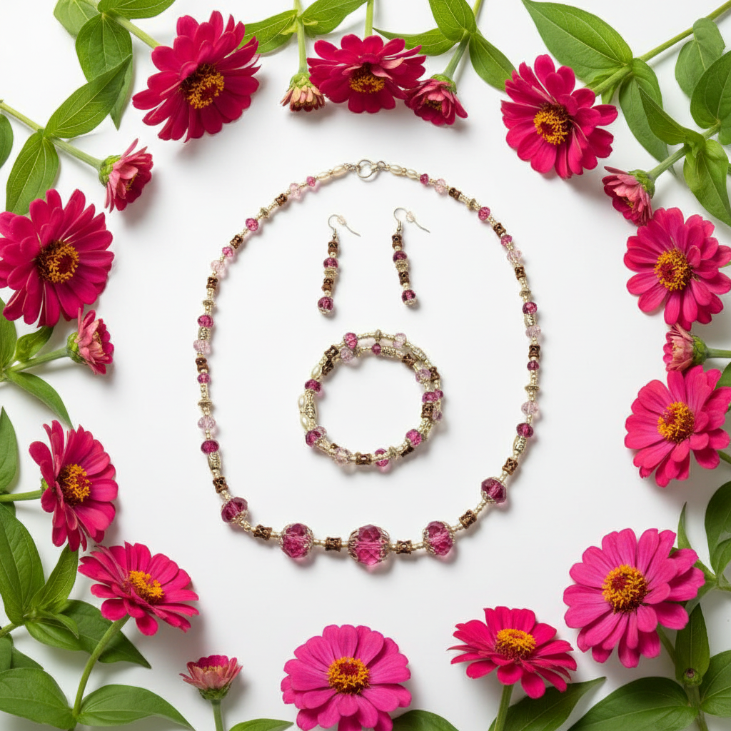 Fuchsia Garden Jewelry Set on white surface with bold fuchsia garden flowers