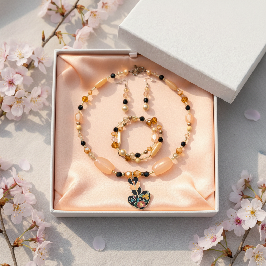 Peach Blossom Jewelry Set in peach satin gift box with cherry blossom sprigs