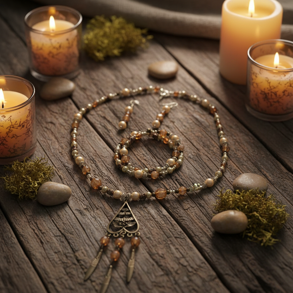 Desert Heirloom Set draped on weathered wood with moss and candlelight