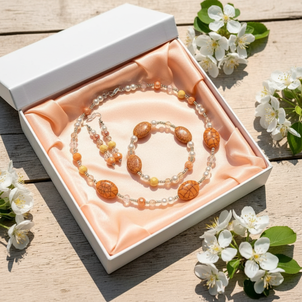 Crackling Rose Jewelry Set in peach satin gift box with white blossom sprigs