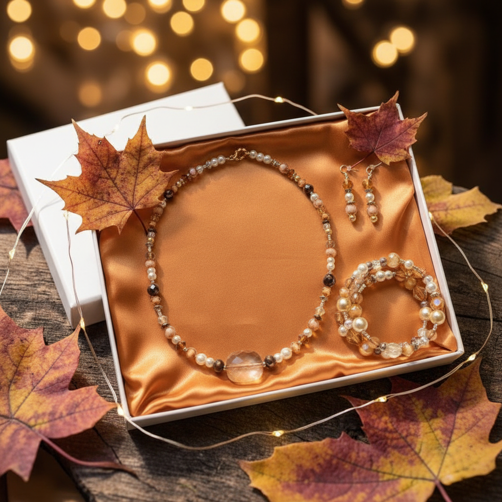 Autumn Amber Jewelry Set in warm amber satin gift box with autumn maple leaves