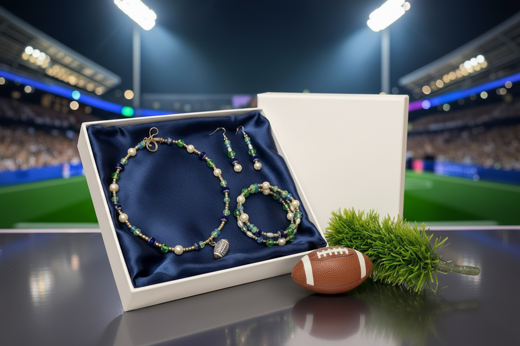 Stadium Lights Jewelry Set in navy satin gift box with necklace, bracelet, and one pair of earrings