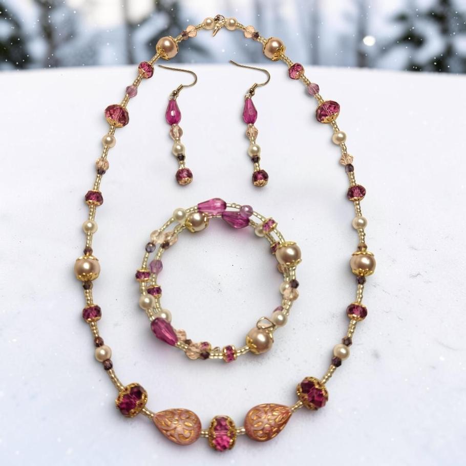 Winter Bloom Jewelry Set – champagne pearls, magenta crystals, and gold filigree teardrops