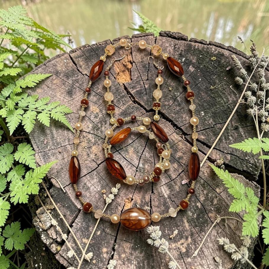Sunset Prairie Jewelry Set photographed on a mossy tree stump with ferns